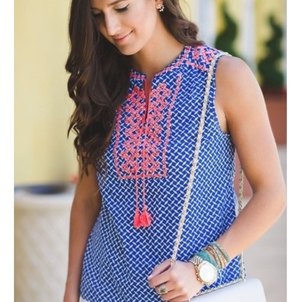 J. Crew Geometric Print Embroidered Sleeveless Blouse Blue White Size 14